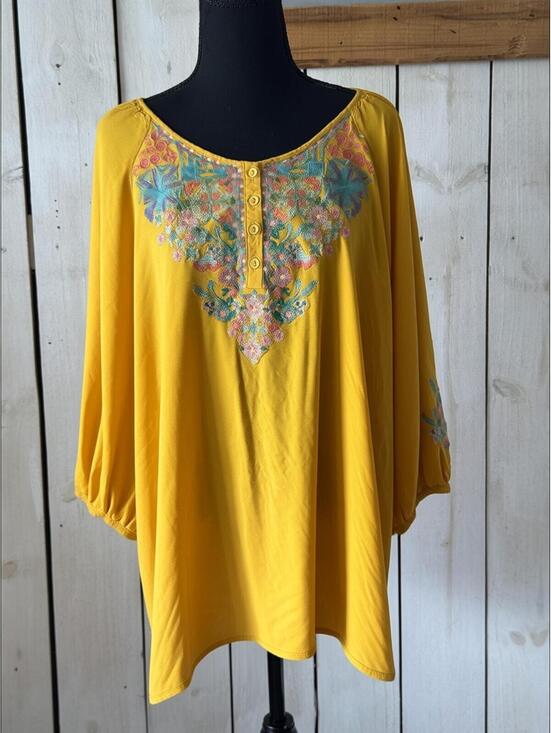 Tops - Yellow Embroidered Bohemian Tunic Top